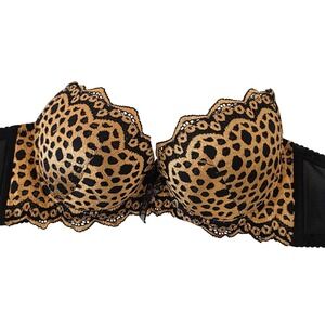 Women's Leopard Print Lace Trim Push Up Bra Black Tan